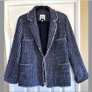 EDWARD ACHOUR Blue Tweed Boucle Fringed Jacket EUC/sz 44=US 12